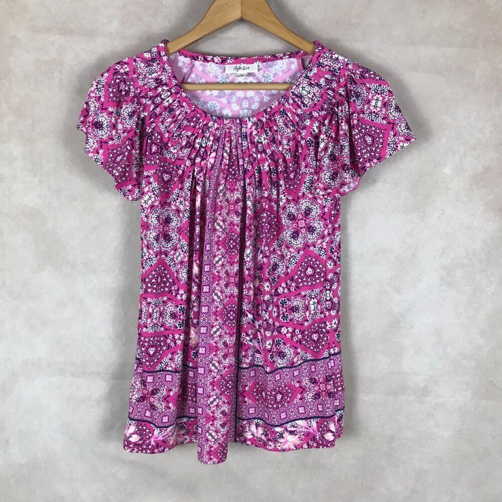STYLE & CO. Pink Pleated Flutter Sleeve Floral Top NEW XS